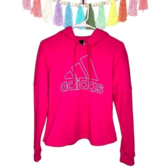 Adidas Bright Hot Pink Pullover Hooded Logo Fleece Lined Sweatshirt Size Small - Picture 16 of 16